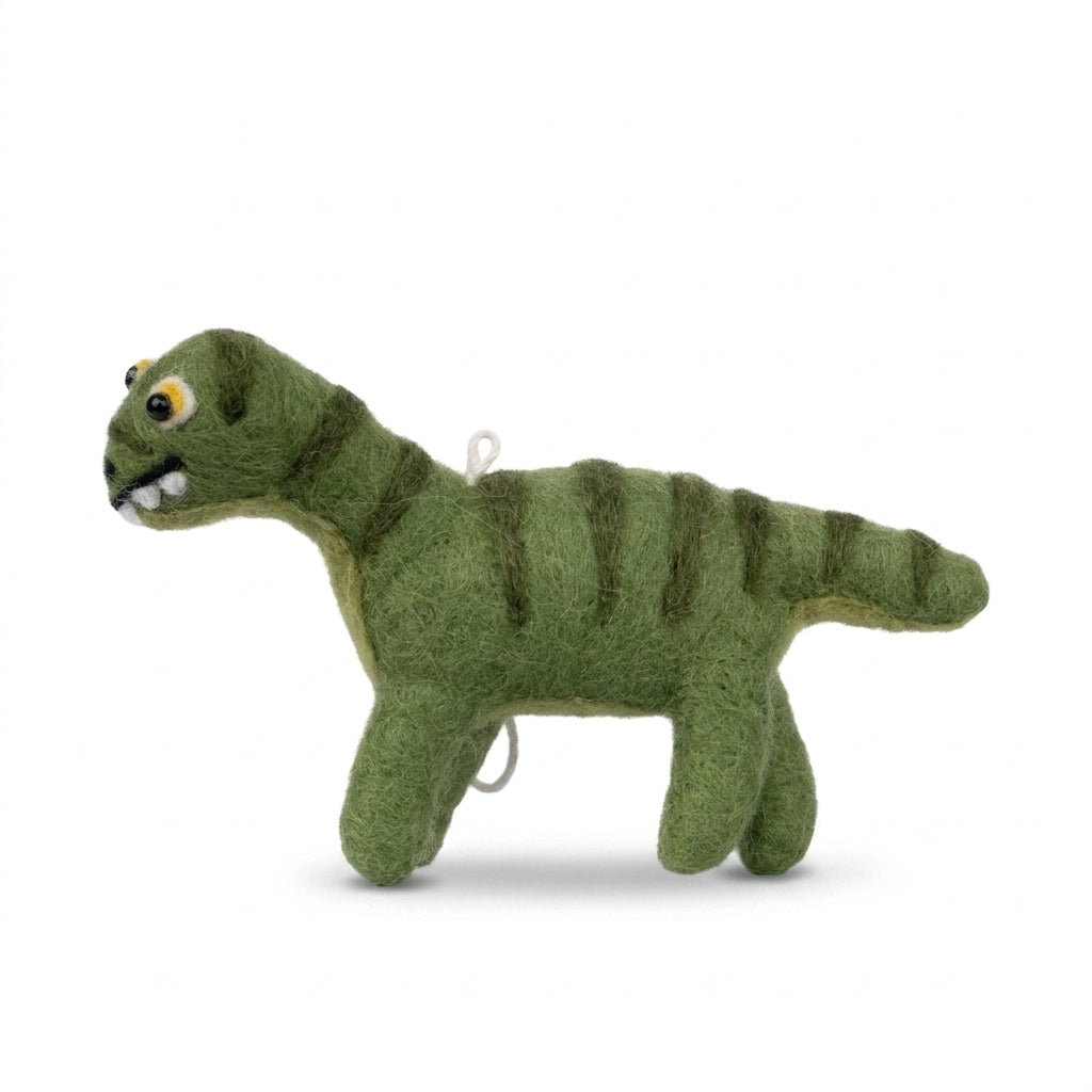 Handmade wool felt T-Rex ornament with hanging thread on a white background