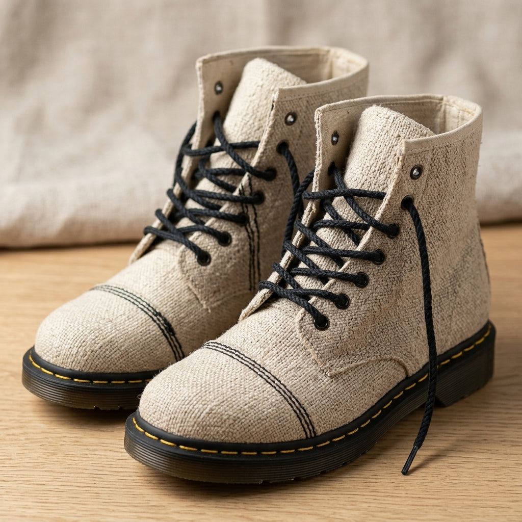 white hemp hiking boots australia handmade vegan hemp footwear with black laces on a wooden surface