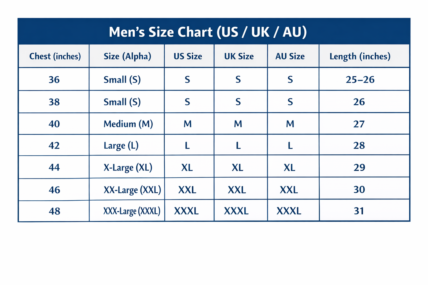 Men's size chart comparing US, UK, and AU measurements.