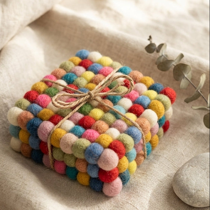Confetti Mix multi wool felt coasters handmade in Nepal, colourful absorbent non-scratch drink coasters for wooden tables, host gifts, housewarming gifts and stocking fillers on a soft fabric background