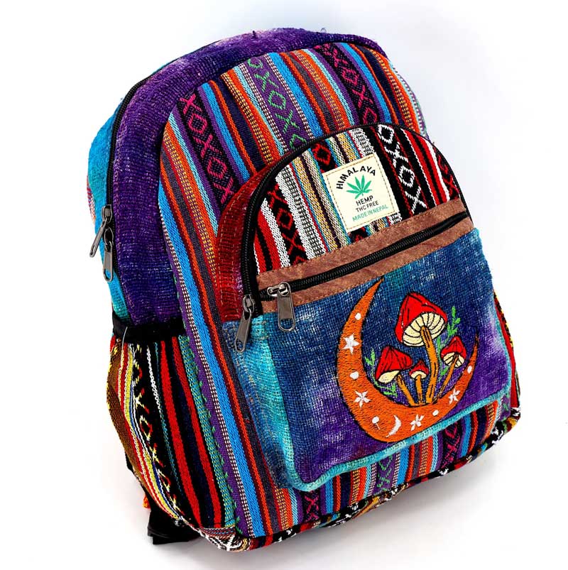 Boho Hemp Mini Backpack with Mushroom Embroidery