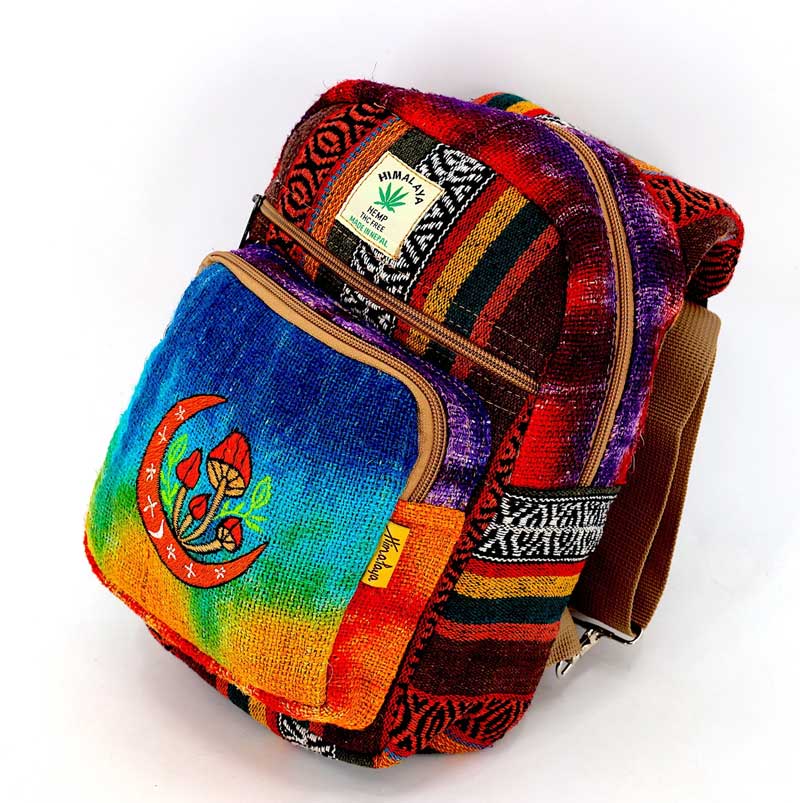 Boho Hemp Mini Backpack with Mushroom Embroidery