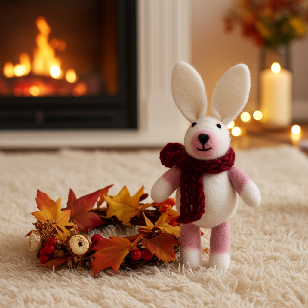 Hand-Stitched Wool Felt Bunny Ornament (White with Pink Ears)