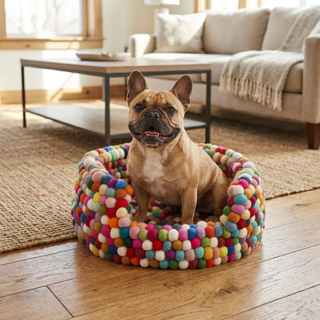 Dog sitting on a Boho multicolour felt dog bed made from wool felt for modern pet home decor in a living room.
