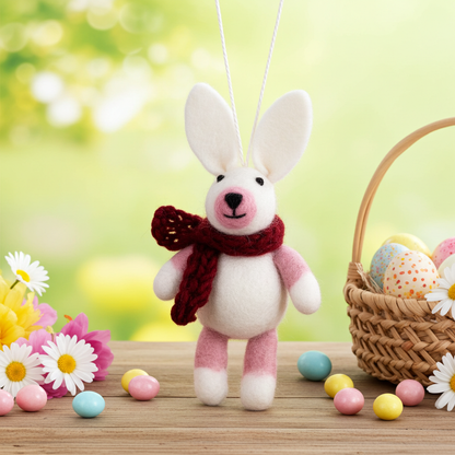 Hand-Stitched Wool Felt Bunny Ornament (White with Pink Ears)
