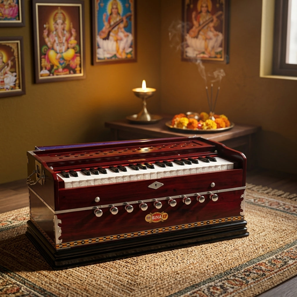 bina-17-baja-harmonium-wooden-fan-style-for-kirtan-bhajan-puja-nepal-tuned on a rug with religious posters and a candle in the background