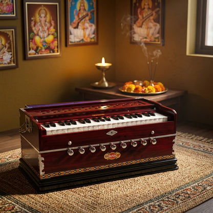 bina-17-baja-harmonium-wooden-fan-style-for-kirtan-bhajan-puja-nepal-tuned on a rug with religious posters and a candle in the background