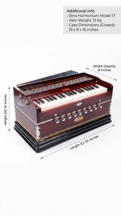 bina-17-harmonium-front-view-keys-and-stops-bhajan-baja-kirtan-instrument with dimensions and weight information on a white background