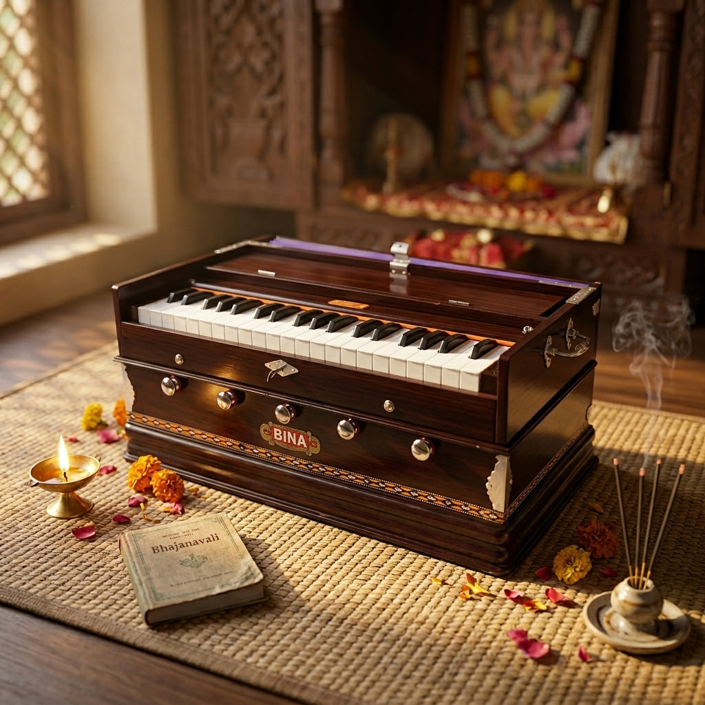 bina-5-harmonium-compact-bhajan-vaja-nepali-indian-home-puja-instrument on a mat with decorative elements in a traditional setting