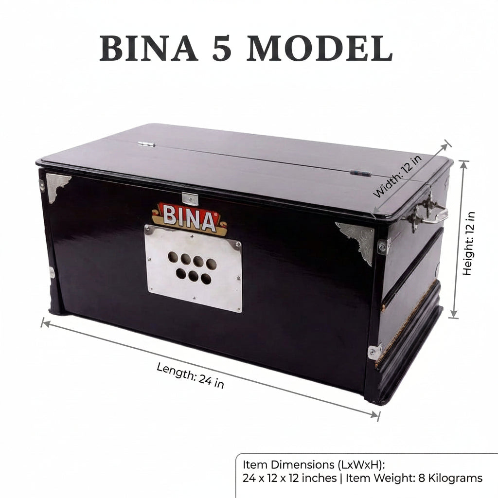 bina-5-baja-harmonium-portable-devotional-kirtan-bhajan-for-beginners with dimensions and weight information on a white background