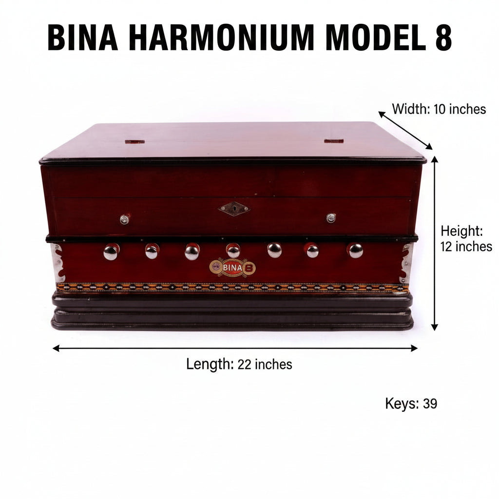 bina-8-baja-harmonium-wooden-fan-style-for-puja-kirtan-and-devotional-use with dimensions labeled on a white background