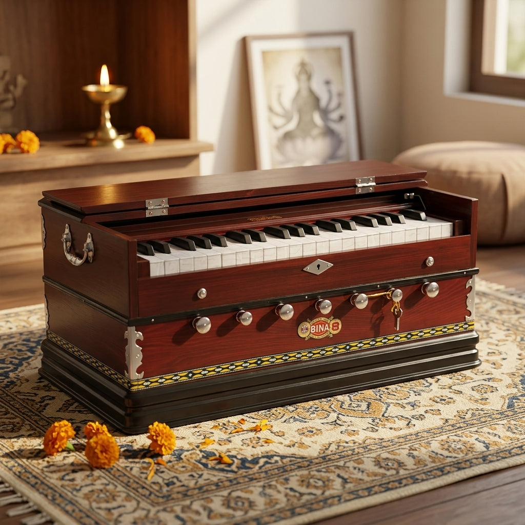 bina-8-harmonium-bhajan-kirtan-vaja-balanced-model-nepali-indian-music on a patterned rug with decorative elements