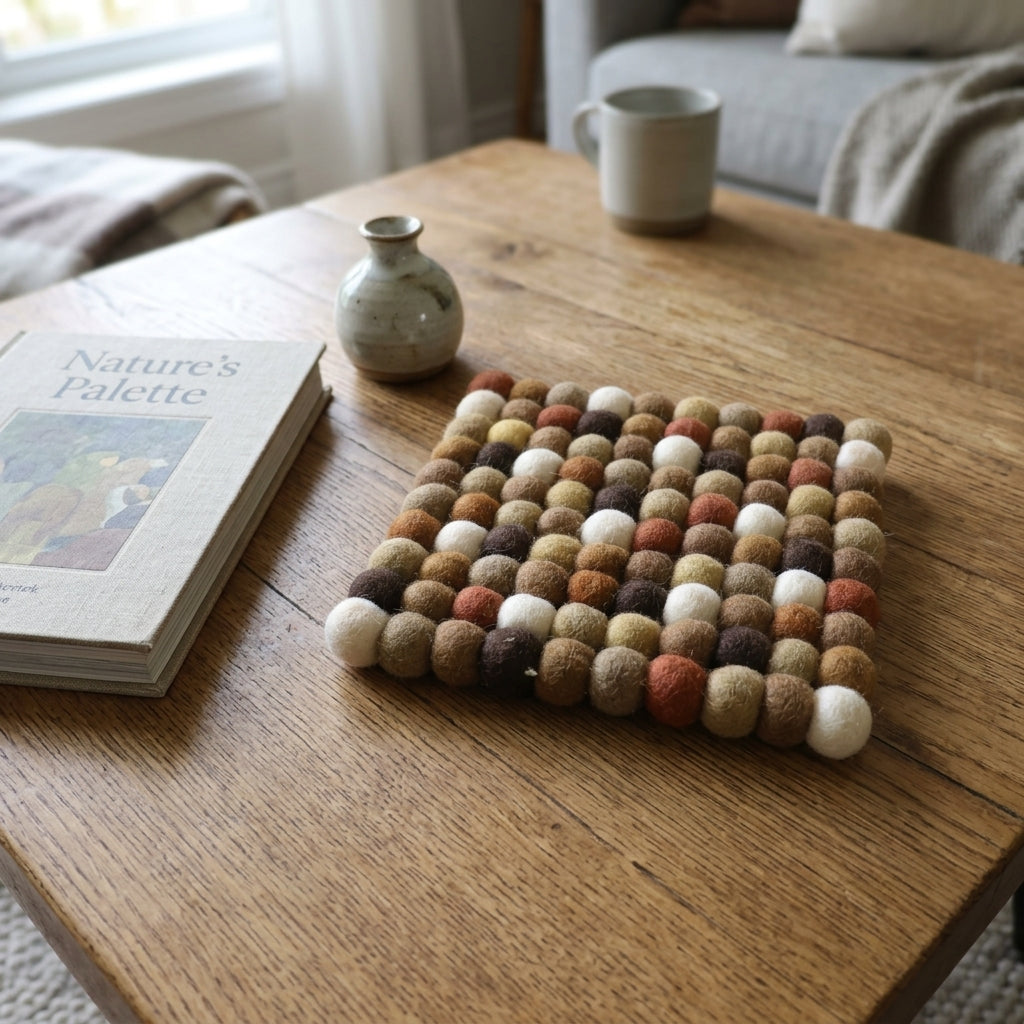 Woolen ball trivet on a wooden table with a book and small vase in a home setting