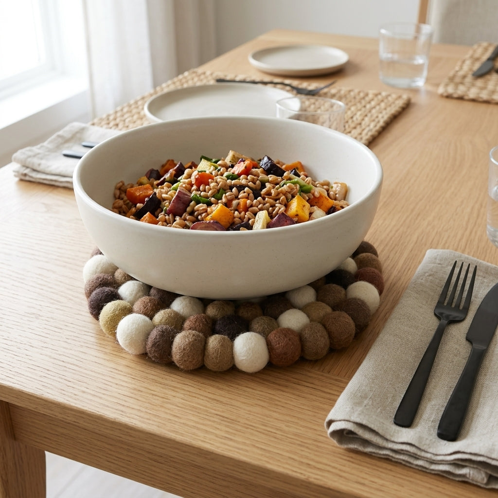 White bowl filled with a colorful salad on a wooden table with a felt trivet.