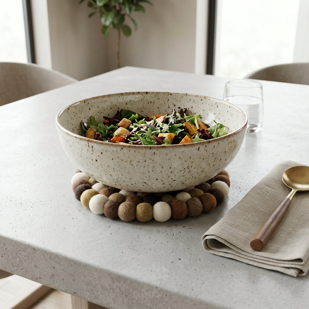 Bowl of salad on a textured trivet with a spoon and napkin on a table.