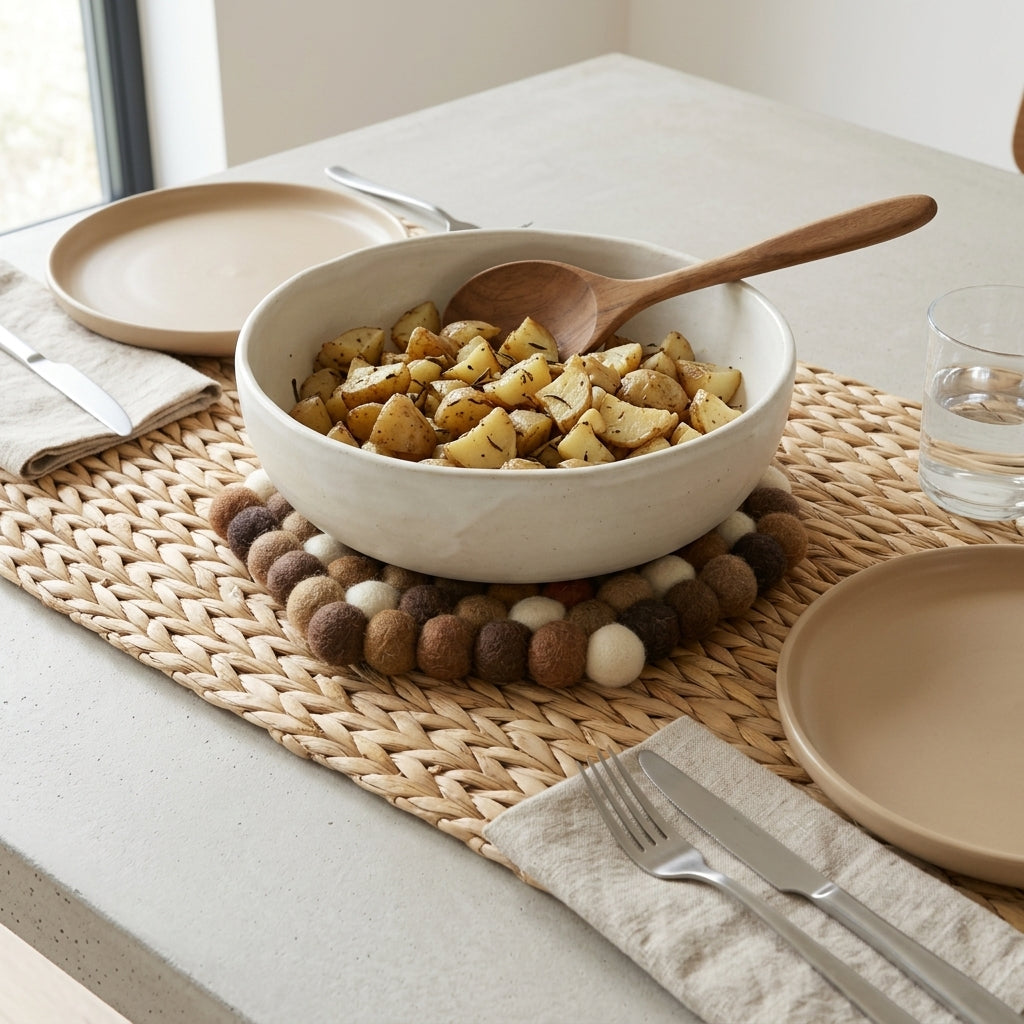 White bowl with food on a woven placemat with plates, cutlery, and glasses.
