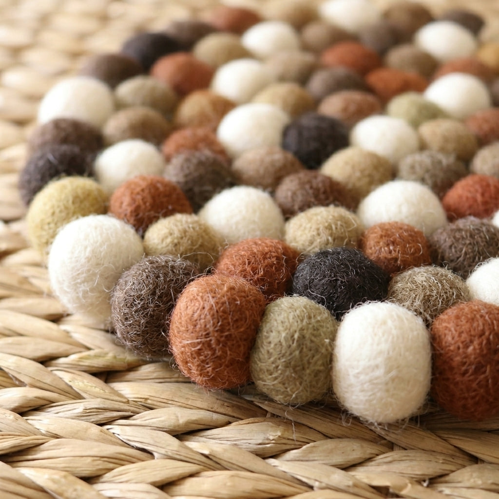 Close-up of a felt ball rug with earthy tones on a woven surface