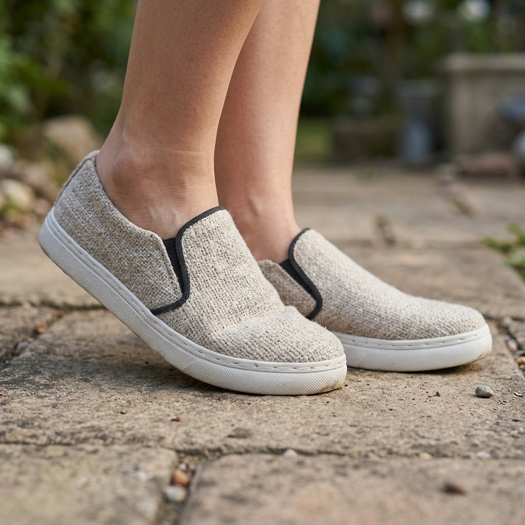 Beige PURE HEMP VEGAN slip-on shoes with white RUBBER soles worn outdoors on a stone path. 