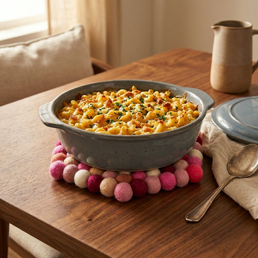 Macaroni and cheese in a gray dish on a wooden table with a colorful pom-pom trivet.