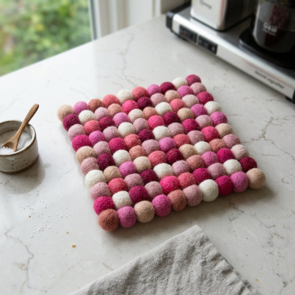 Pink and white felt ball trivet on a kitchen counter