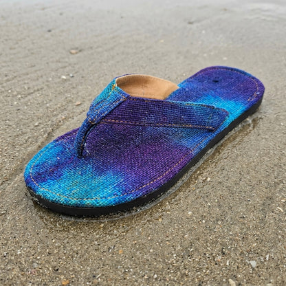 Blue Dye Hemp Flip Flops – Plastic-Free Vegan Summer Sandals  Handmade Organic Hemp Slippers sandal on a sandy surface