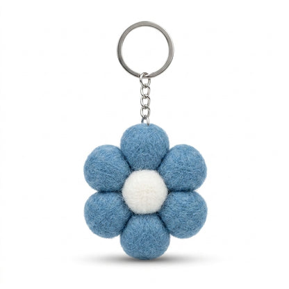 Blue wool felt large flower keyring with white centre  on a white background
