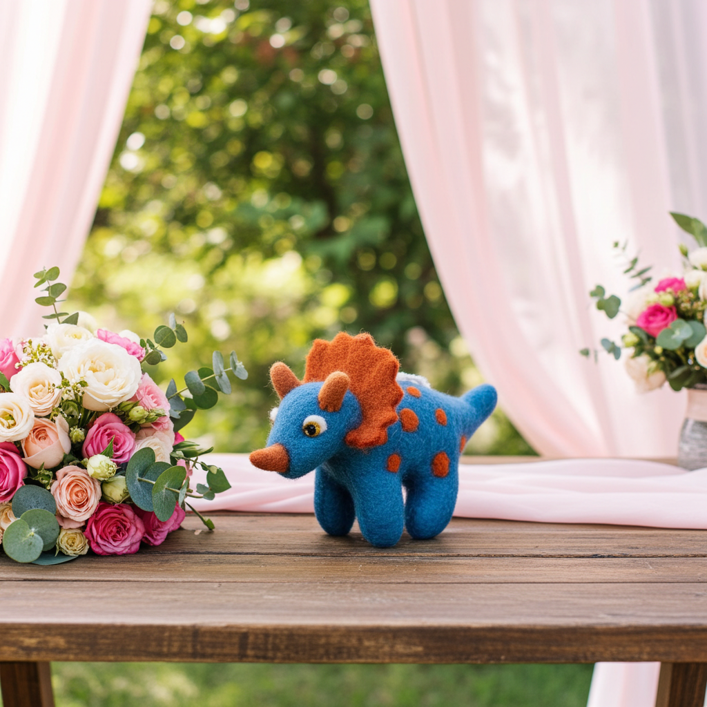 Blue wool felt triceratops hanging decoration on a wooden table with flowers and curtains in the background.