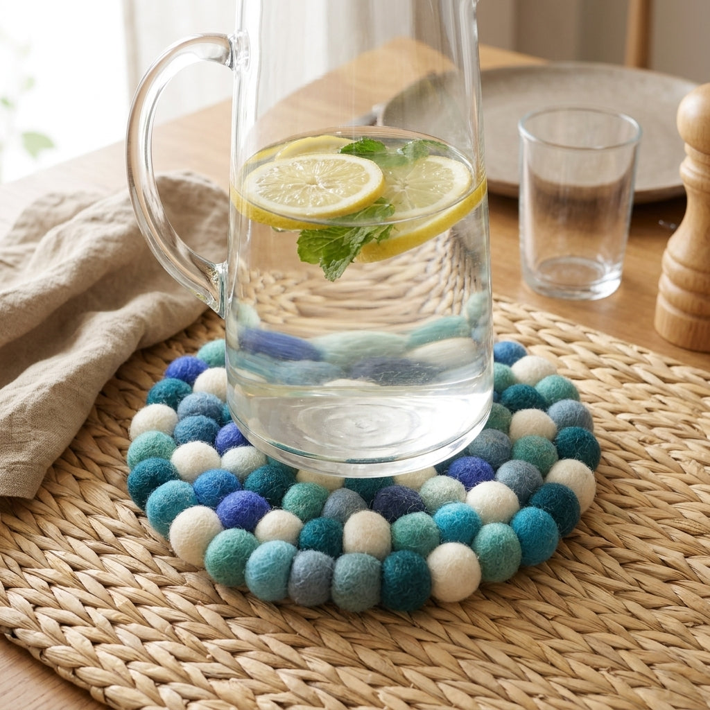 Ocean Mix Blue Wool Felt Trivet Heat Mat – Handmade Pot Mat