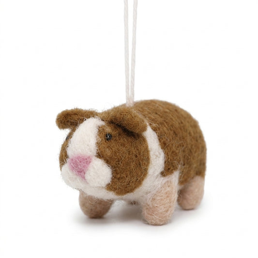 Brown and white wool felt guinea pig hanging ornament  on a white background