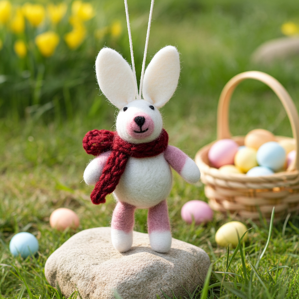 Hand-Stitched Wool Felt Bunny Ornament (White with Pink Ears)