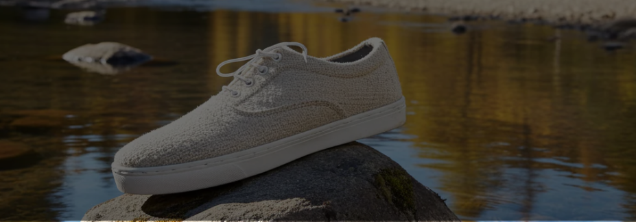 Beige sneakers on a rock with a blurred water background