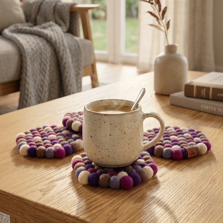 Cup of coffee on a wooden table with Plum Violet Purple wool felt coasters handmade in Nepal, jewel tone absorbent non-scratch drink coasters for wooden tables, tea lover gifts, host gifts and new home buyersnear a window with curtains.