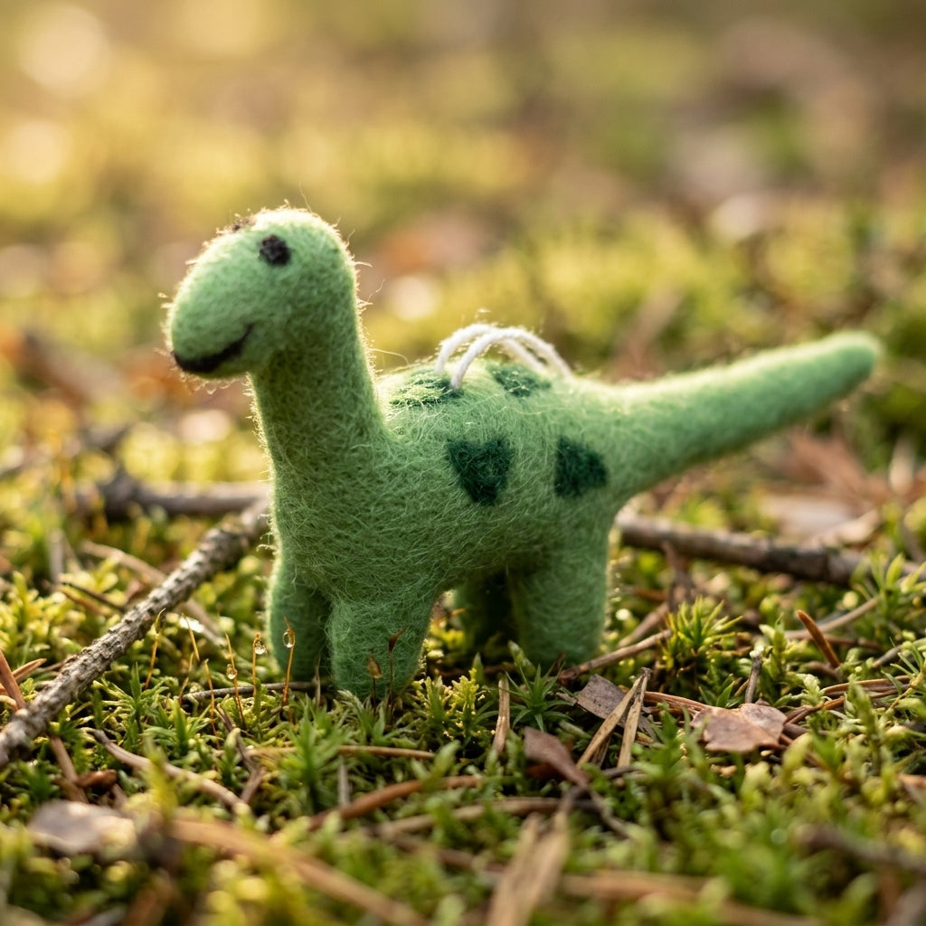 Dinosaur wool felt ornament with green spotted details on a bed of moss