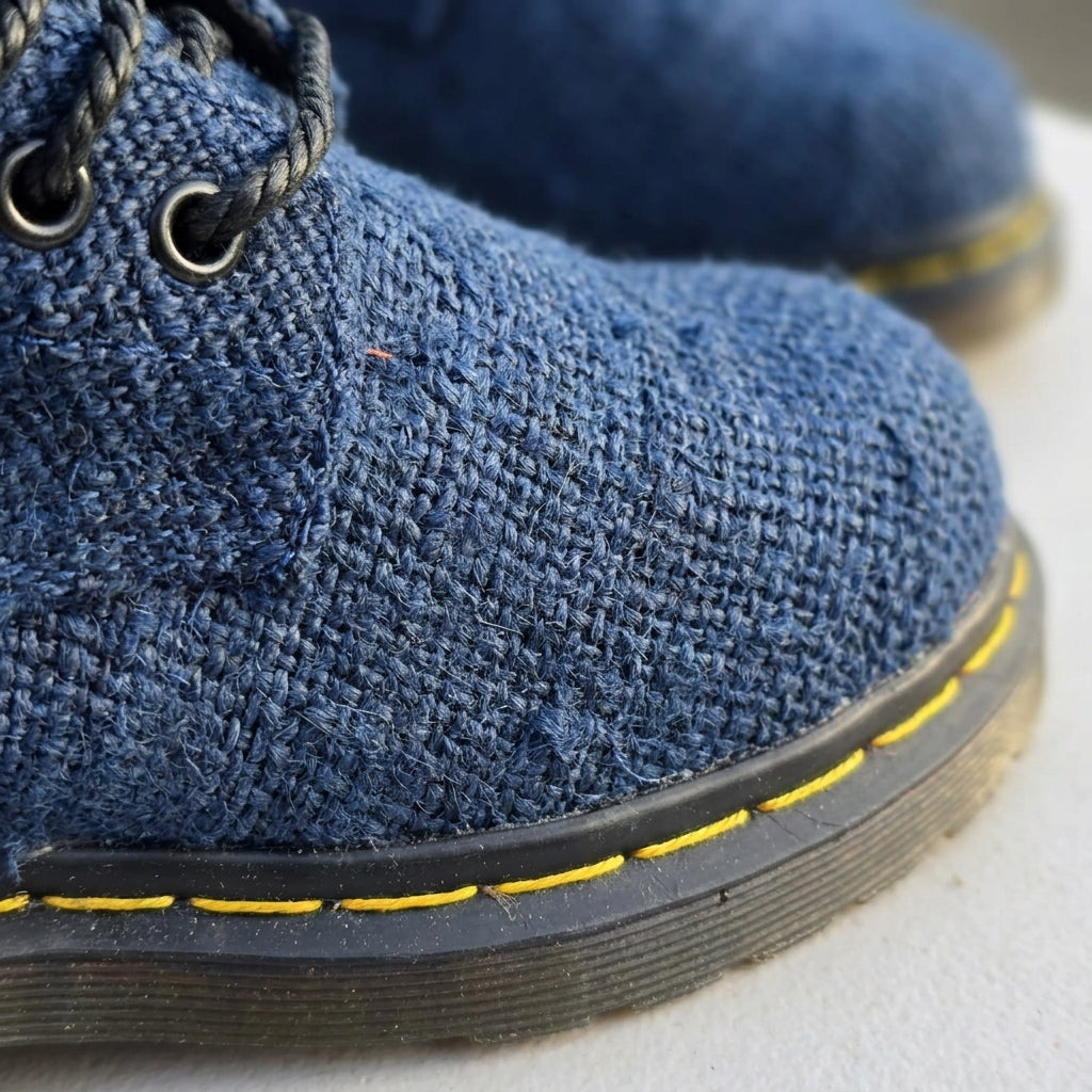 Close-up of a blue textured blue hemp canvas texture handmade organic hemp footwear breathable vegan shoes