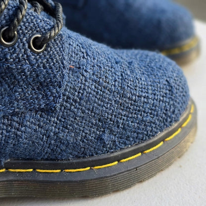 Close-up of a blue textured blue hemp canvas texture handmade organic hemp footwear breathable vegan shoes