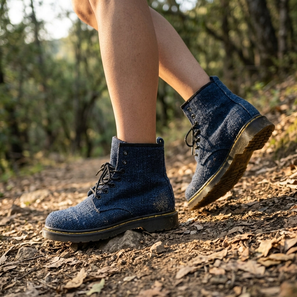 men and women hemp boots blue unisex vegan hiking boots  footwear on a person walking on a forest path in australia