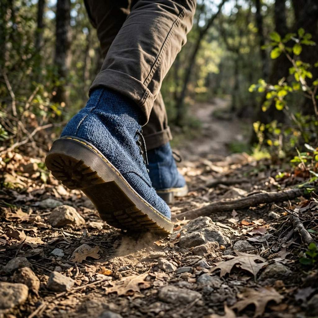 Person walking on a australian forest path wearing men and women hemp boots blue unisex vegan hiking boots  sustainable footwear