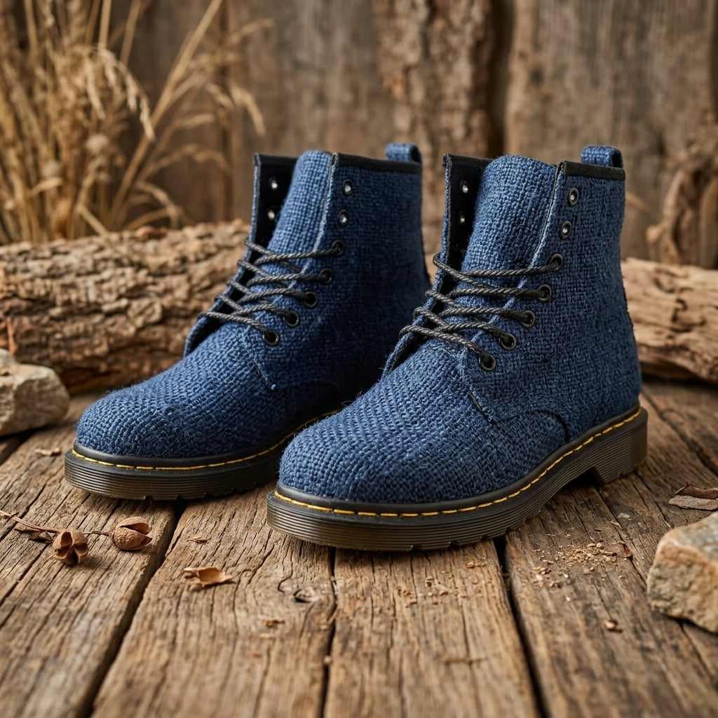 Pair of organic hemp boots blue lace up vegan footwear handmade hemp shoes  on a wooden surface with a rustic background