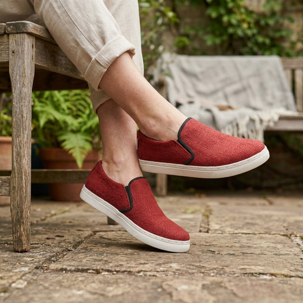 Eco - Friendly Red Hemp Slip - On Sneakers Handmade Unisex Vegan Sustainable Footwear for Casual Wear Eco_Conscious_Shoes