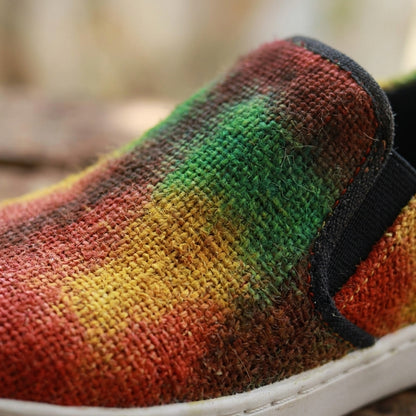 Eco - Friendly Tie Dye Rasta Hemp Slip - On Sneakers | Handmade Vegan Unisex Festival Shoes Bright_Hues_Footwear close view