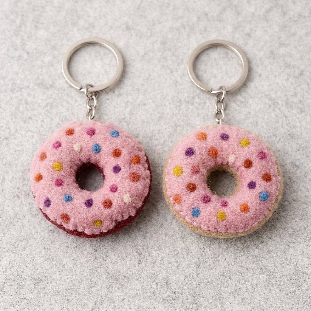 Two Felt Donut Keychain – Pink Sprinkle Wool Key Ring, Handmade in Nepal  on a gray surface