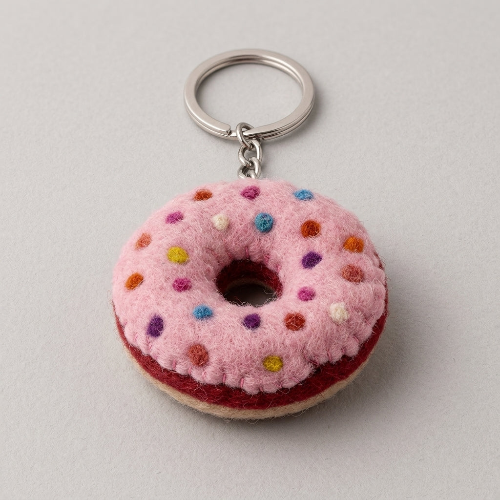 Felt Donut Keychain – Pink Sprinkle Wool Key Ring, Handmade in Nepal Felt on a light gray background