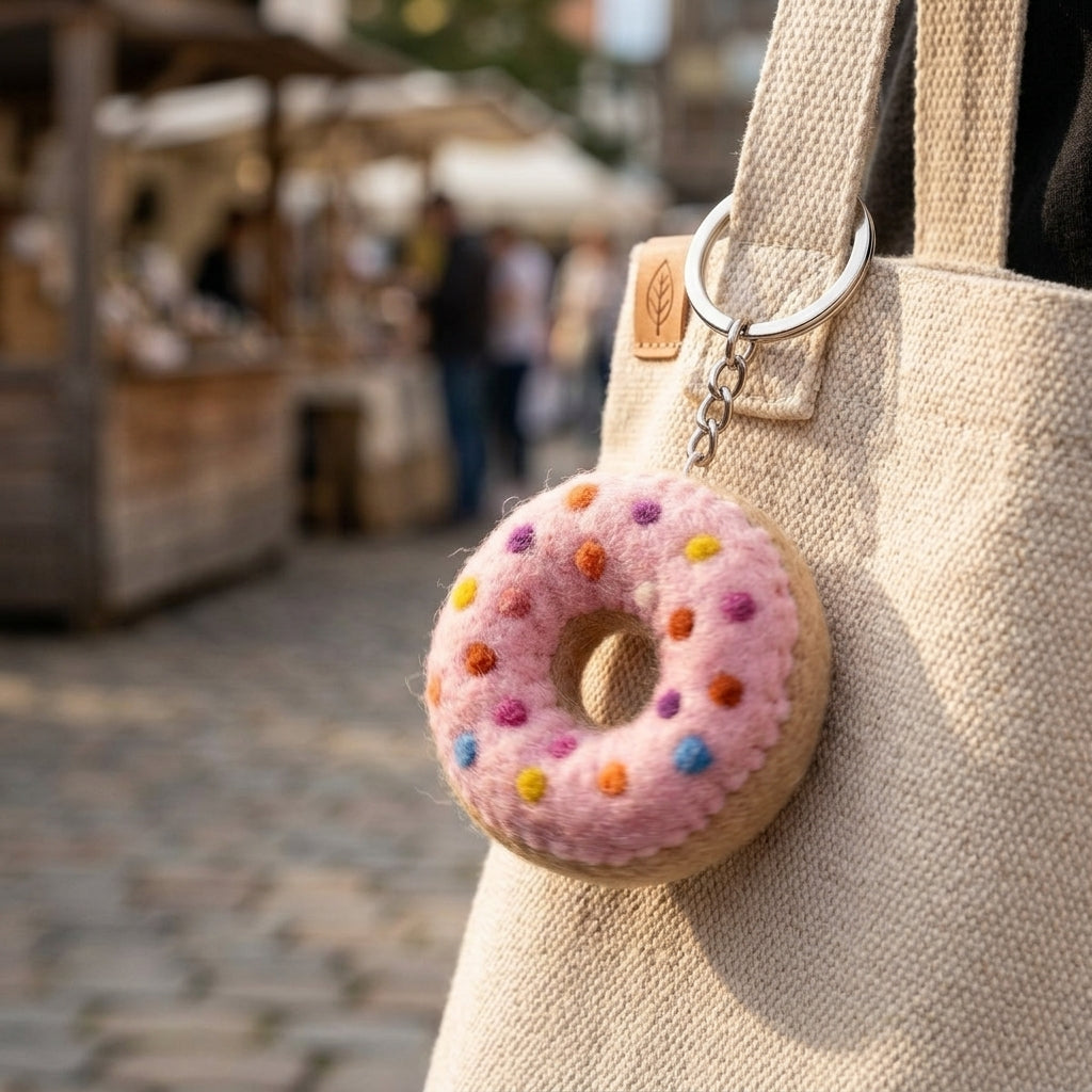 Felt Donut Keychain – Pink Sprinkle Wool Key Ring, Handmade in Nepal attached to a beige bag with a blurred market background