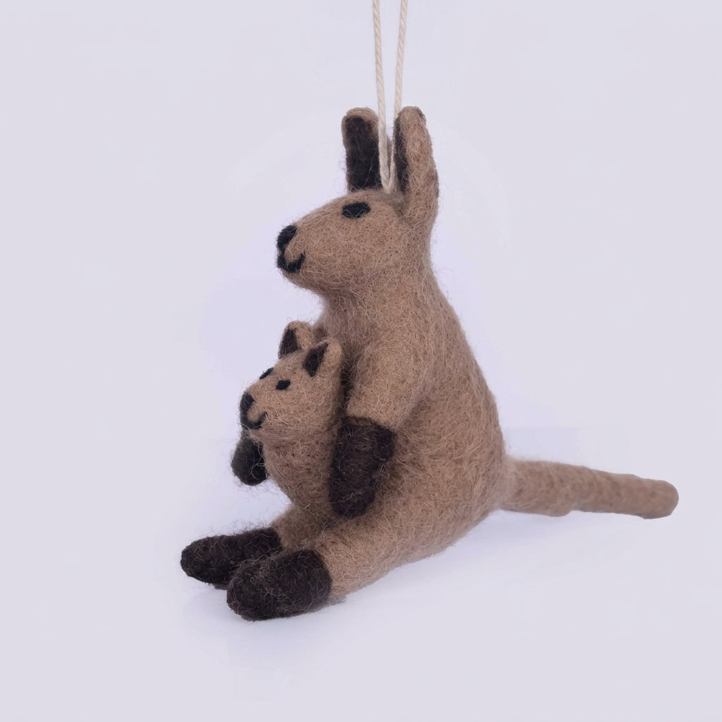 Felted wool kangaroo ornament with baby kangaroo on a white background