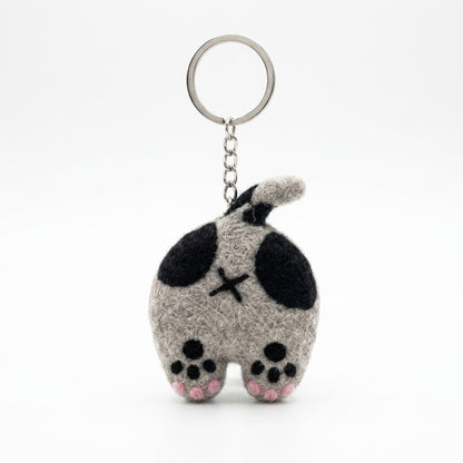 Grey and teal wool felt cat back keyring on a white background