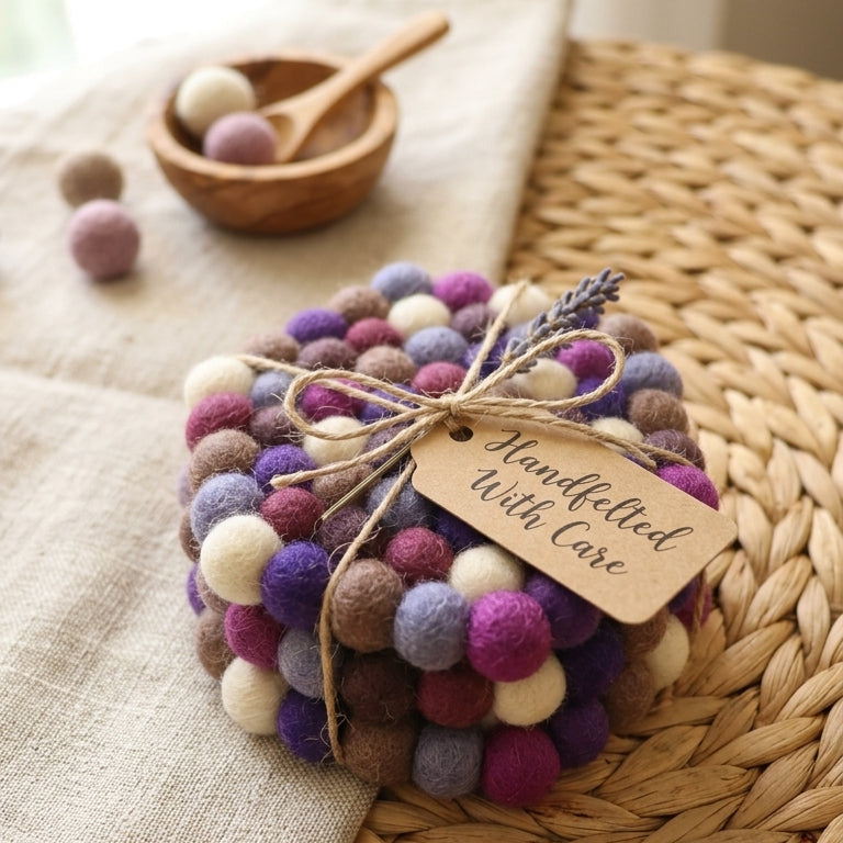 Plum Violet Purple wool felt coasters handmade in Nepal, jewel tone absorbent non-scratch drink coasters for wooden tables, tea lover gifts, host gifts and new home buyersl with a tag on a woven surface