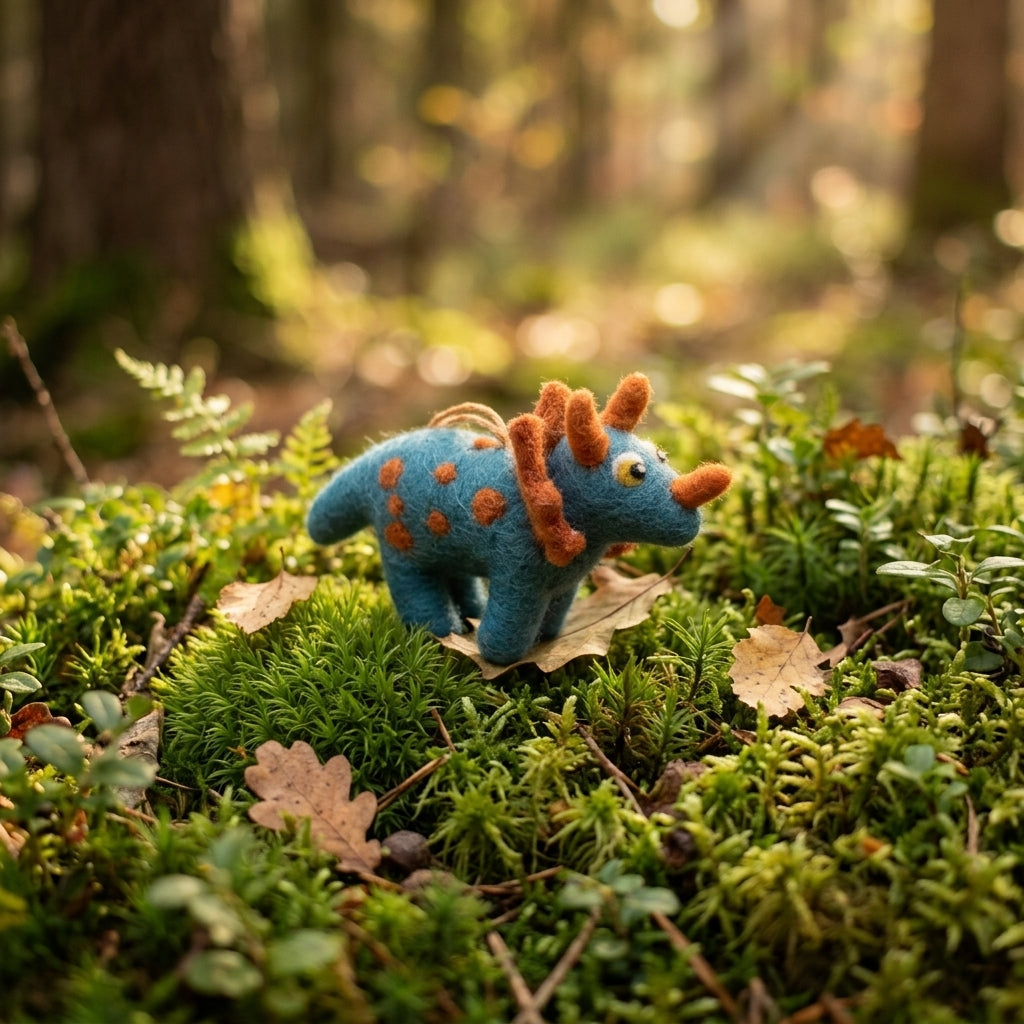 Handmade triceratops felt ornament for dinosaur nursery decor on a bed of green moss and leaves in a forest setting