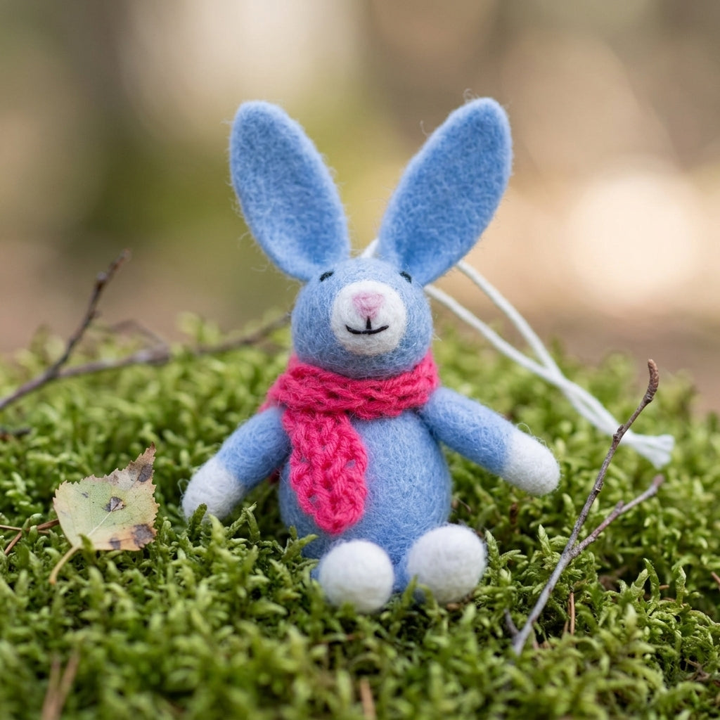 Blue Handmade wool felt bunny ornaments in assorted scarf designs sitting on green moss