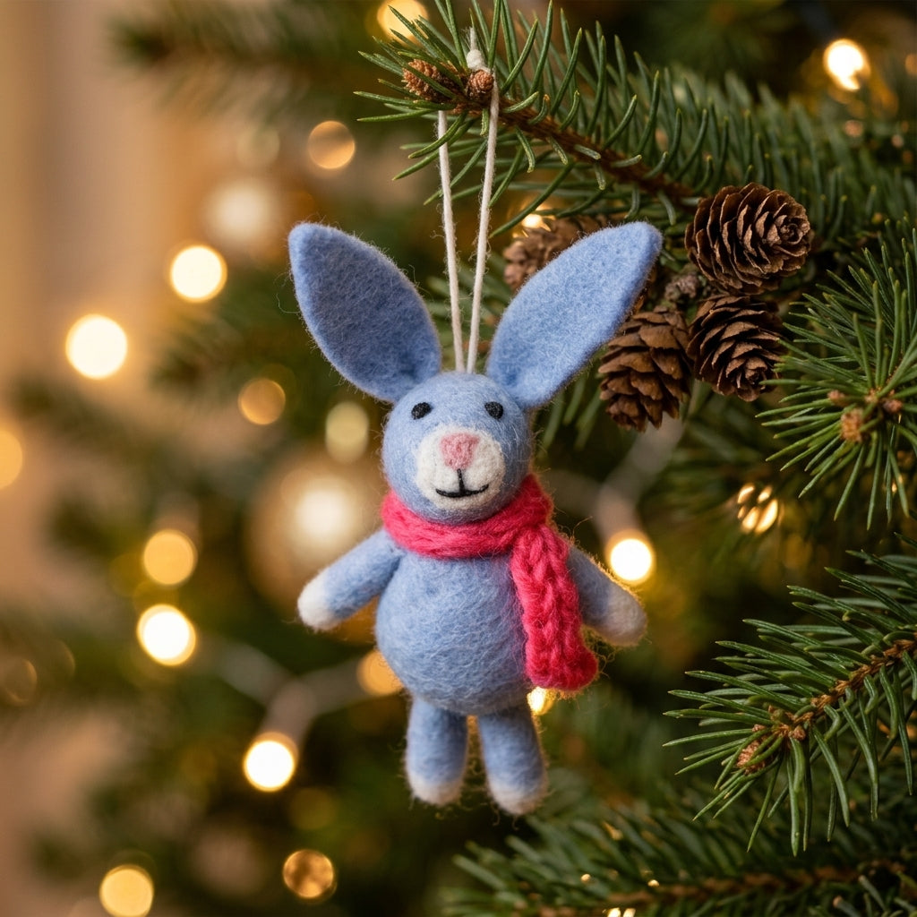 Handmade wool felt bunny ornaments in assorted scarf designs on a Christmas tree.