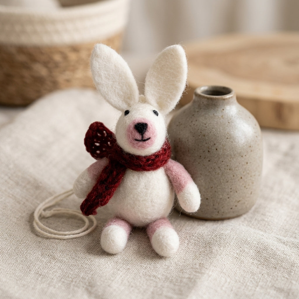 Handmade wool felt bunny ornaments in assorted scarf designs on a textured surface with a vase in the background
